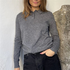 Solid Long Sleeve Lapel Collar Knit Pullover Top