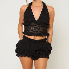 Lace Tie-up Halter Open Back Cami Tops And Mini Layered Skirt Set