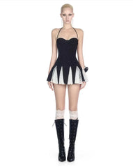 Black Polka Dot Lace Patchwork Ruffle Hem Strappy Mini Dress