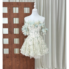 3D Floral Slash Neckline Embroidered Mini Dress