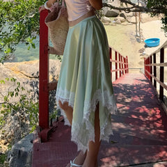 Satin Lace Trim Irregular Hem Midi Skirt