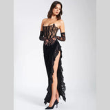 Black Lace Tube Frill Slit Maxi Dress