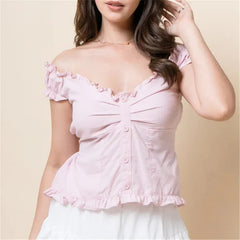 Ruffle Trim Back Tie Buttoned Top