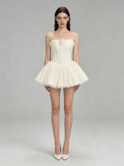 Tie Up Strap 3D Flower Embellished Tulle Mini Dress