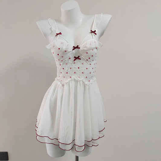 Dotted Bow Strappy Tulle Mesh Night Dress