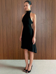 Halter Neck Backless Hollow Out Back Tie‑Up Ruffle Hem Mermaid Midi Dress