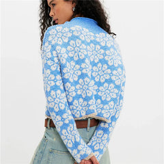 Floral Jacquard Cropped Knit Roll Neck Sweater