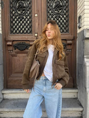 Faux Suede Stand Collar Zip Up Bomber Jacket