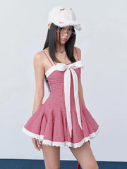 Red Plaid Strappy Bow Mini Dress