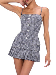 Grey Tweed Strap Frill Pleared Mini Dress