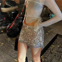 Sequin  Lace Hem Mini Skirt