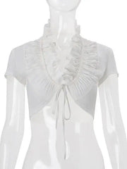 White Short Sleeve Lace Up Ruched Crop Top