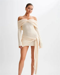 Off-shoulder Knit Mini  Long Sleeve Draped Dress
