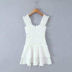 White Drawstring Embroidered Mini Dress