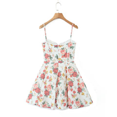 Flower Print Cotton Corset Lace Ball Gown Swing Mini Dress