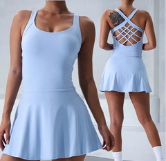 Light blue tennis dress with a flared skirt and cut-out back design.