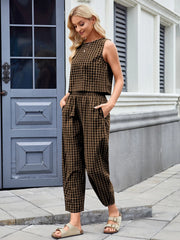 Printed Plaid Sleeveless Vest And Wide Pants Set