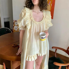 Sheer Ruffle Trim Pleated Tank Top And Shorts Pajama Set