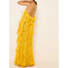 Sleeveless Ruffle Tie-up Halter Neck Long Dress
