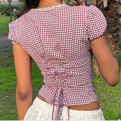 Red Gingham Puff Sleeve Button Back Tie Blouse