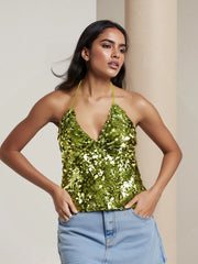 Sequin Green Halter Neck Open Back Tank Top