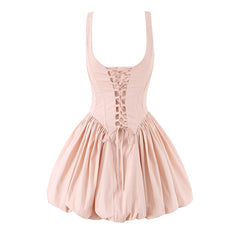 Pink Metal Hook Corset Lace Up Back Bubble Mini Dress