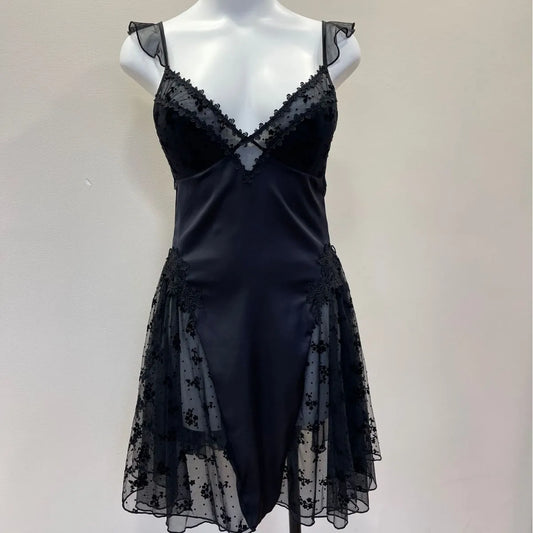 Mesh Pleated Ruffle Patchwork Night Gown