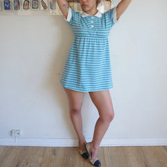 Blue Striped Babydoll Short Sleeve Mini Dress
