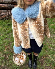 Deer Print Blue Faux Fur Cropped Jacket