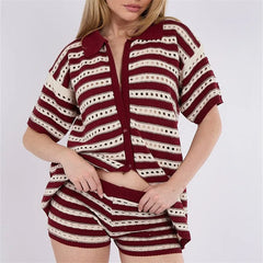 Striped Crochet Knit Short Sleeve Button Down Shirt and Shorts Hollow Out Set