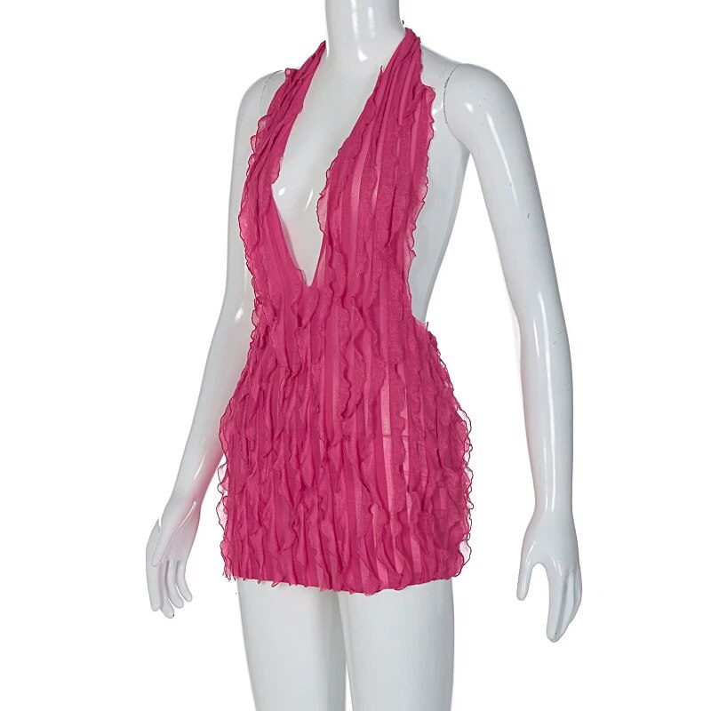 Pink Ruffles Deep V-neck Mini Dress