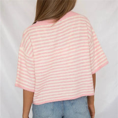 Striped Fuzzy Short Sleeve Round Neck Button Cropped Top