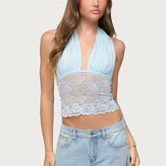 Draped Deep V-Neck Lace Patchwork Back Tie Up Top