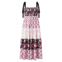 Strappy Tie-Up Smocked Printed Patchwork Maxi Dress