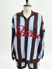 Striped Letter Jacquard Knit Sweater Top And Drawstring Shorts Set