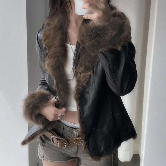 Fur Trim Faux Leather Motorcycle Jacket