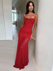 Sleeveless Mesh Pleated Twisted Bandeau Long Dress