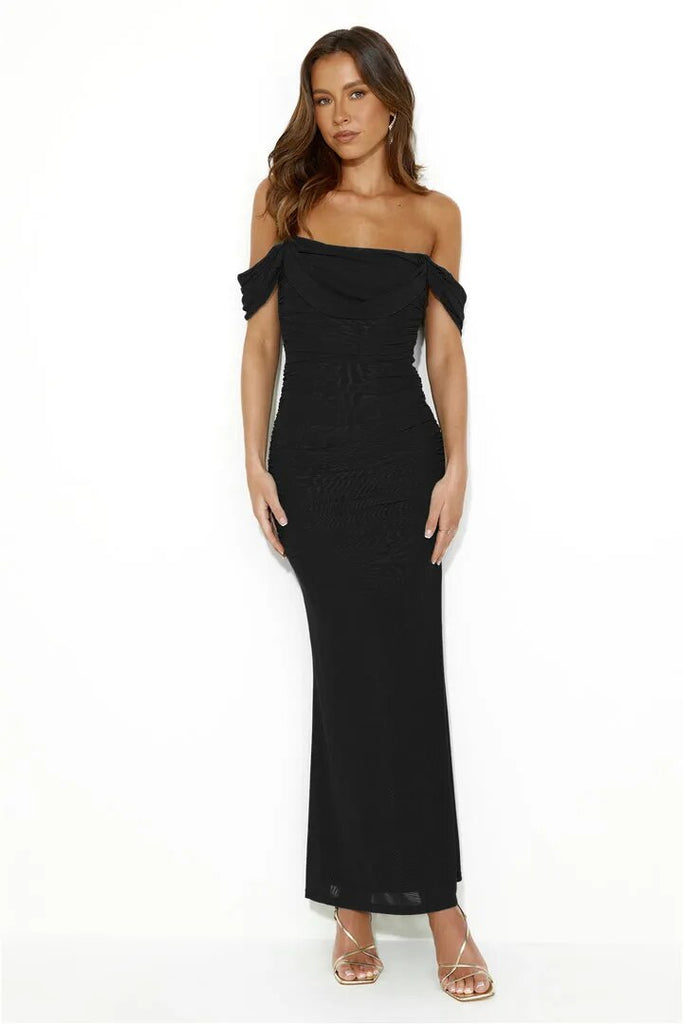 Mesh Ruched Off-Shoulder Bodycon Maxi Dress
