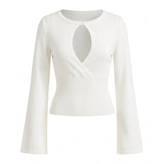 Keyhole Cutout Knit Long Flare Sleeve Wrap Top