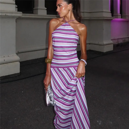 Striped Tie-Up Cross Strap Maxi Dress