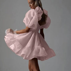 Pink Puff Sleeve Mesh Mini Dress