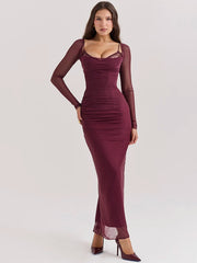 Burgundy Sheer Long Sleeve Bodycon Maxi Dress Free From Label