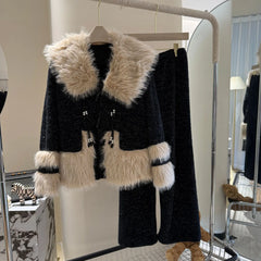 Black Fur Pulsh Flannel Shirt And Pants Pajama Set