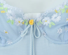 Blue Embroidery Lace Strap Babydoll Mini Dress