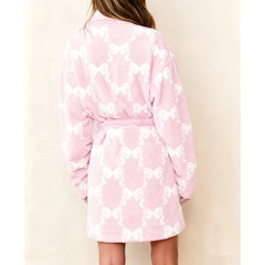 Heart/Bow Print Fleece Robe Loungewear
