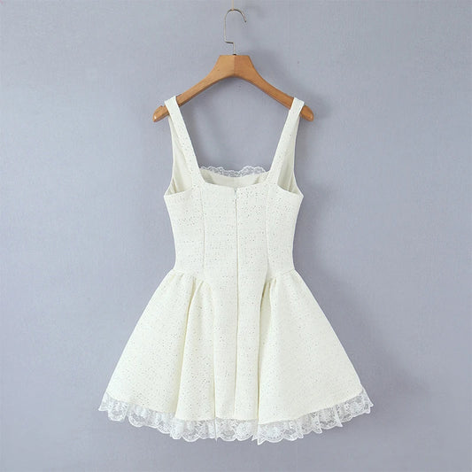 White Sequin Tweed Flare A-line Mini Dress