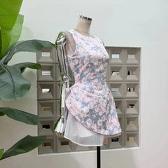 Jacquard Floral Print O-neck Sleeveless Irregular Weave A-line Mini Dress