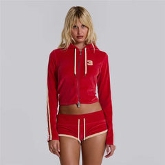 Red Velvet Zipper Crop Hoodie And Shorts Set