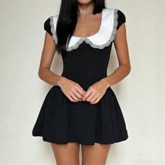 Black Peter Pan Collar Short Sleeve A-line Mini Dress