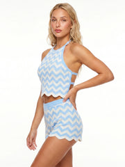 Striped Crochet Ruffle Hem Halter Top And Shorts Set